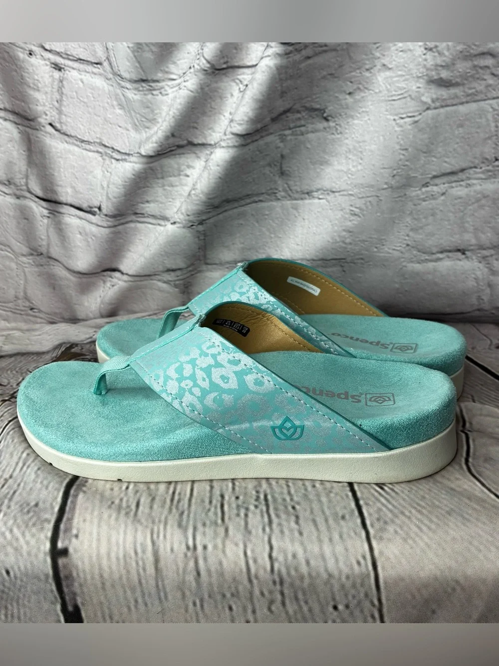 Spenco Metallic Aqua Blue Leopard Print Flip Flop Thong Resortwear Sandals Sz 7